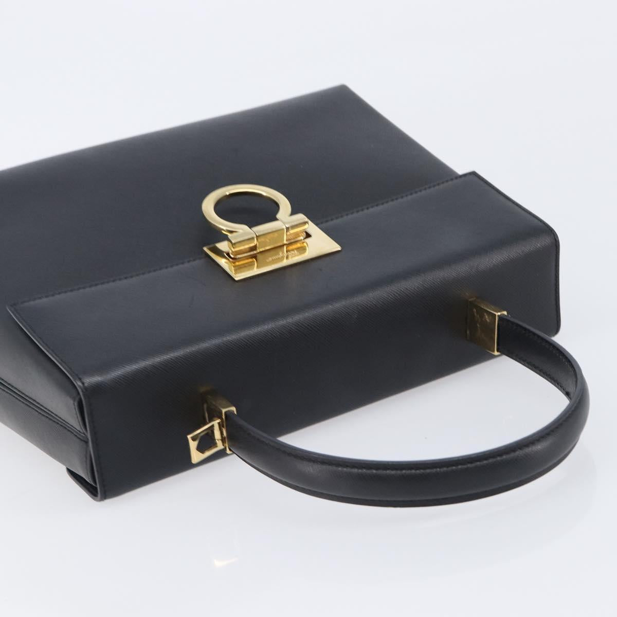 Salvatore Ferragamo Gancini Hand Bag Leather Black Gold Tone Auth gh2360