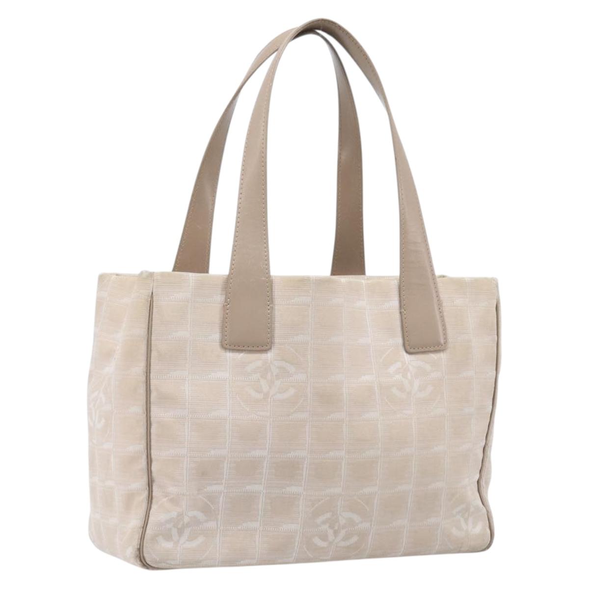 CHANEL New Travel Line Tote Bag Canvas Beige Gold Tone CC Auth gh2368