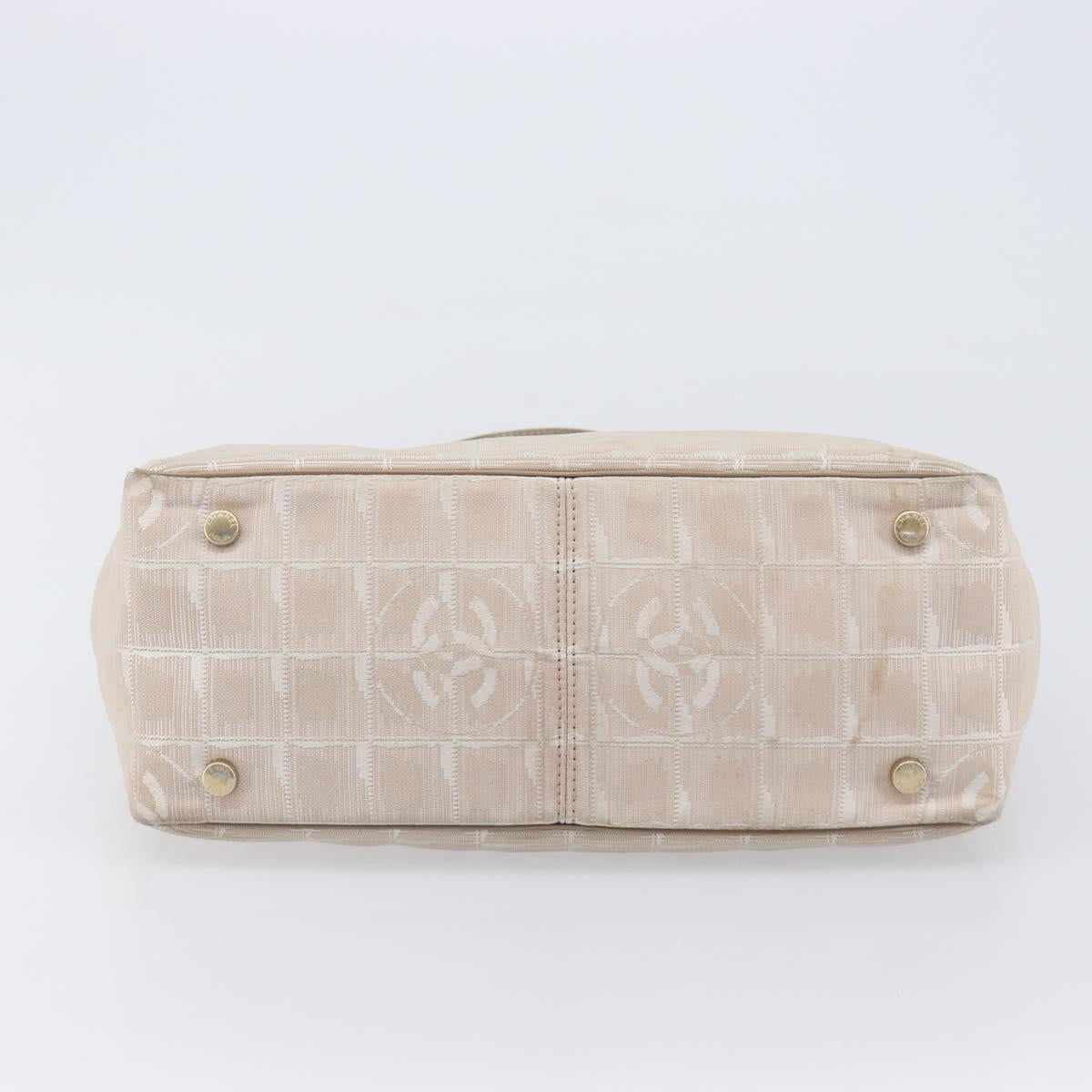 CHANEL New Travel Line Tote Bag Canvas Beige Gold Tone CC Auth gh2368
