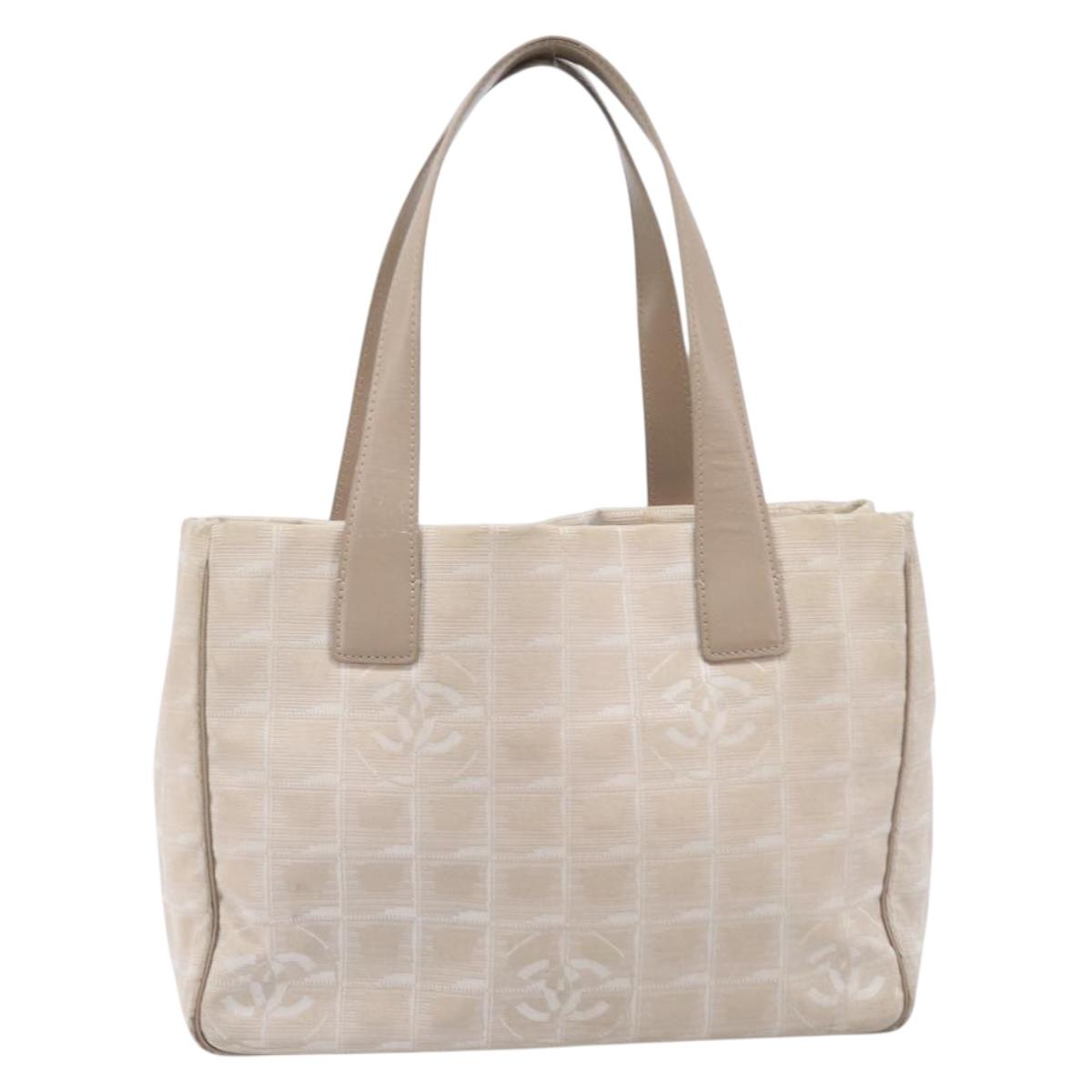 CHANEL New Travel Line Tote Bag Canvas Beige Gold Tone CC Auth gh2368