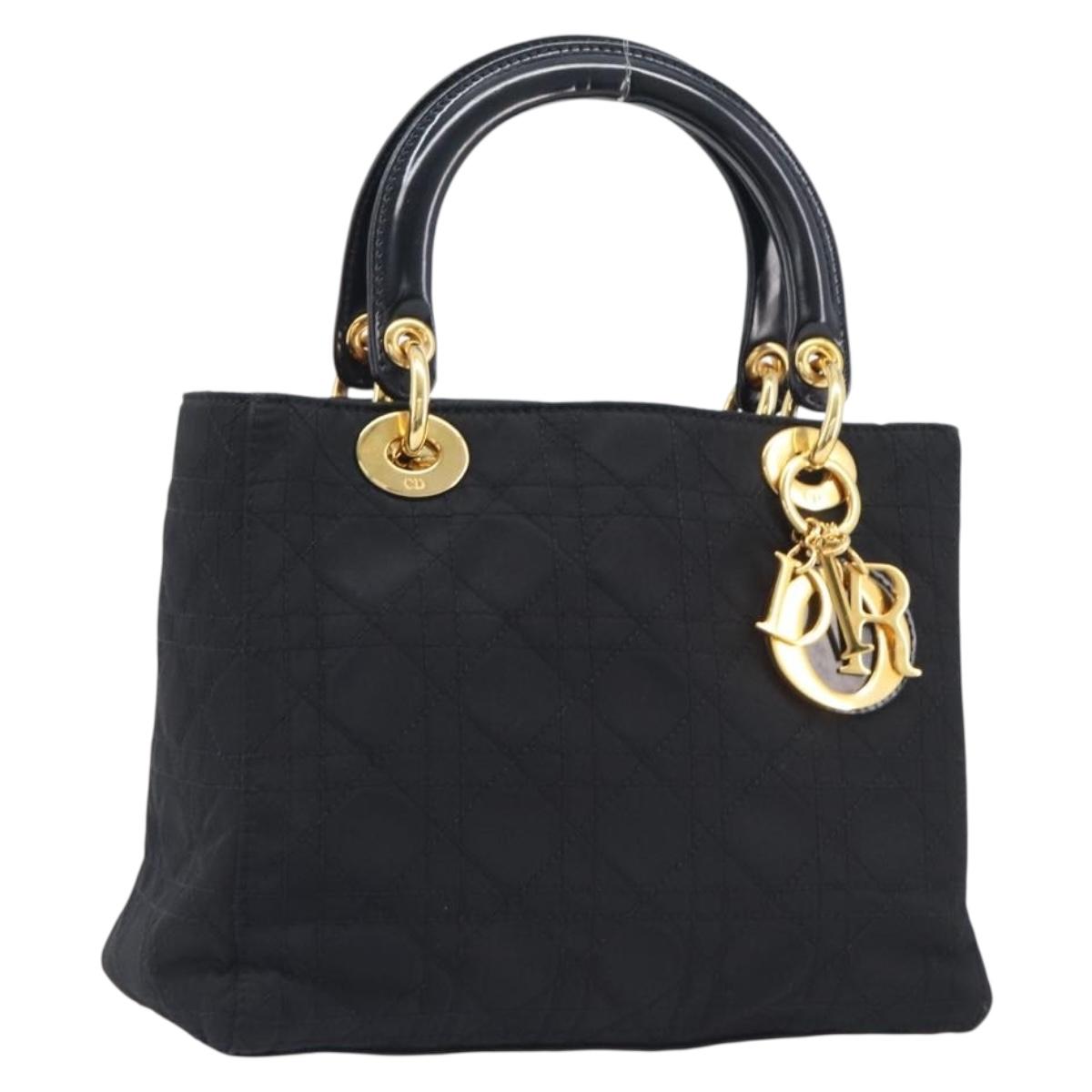 Christian Dior Lady Dior Canage Hand Bag Nylon Black Gold Tone Auth gh2376V