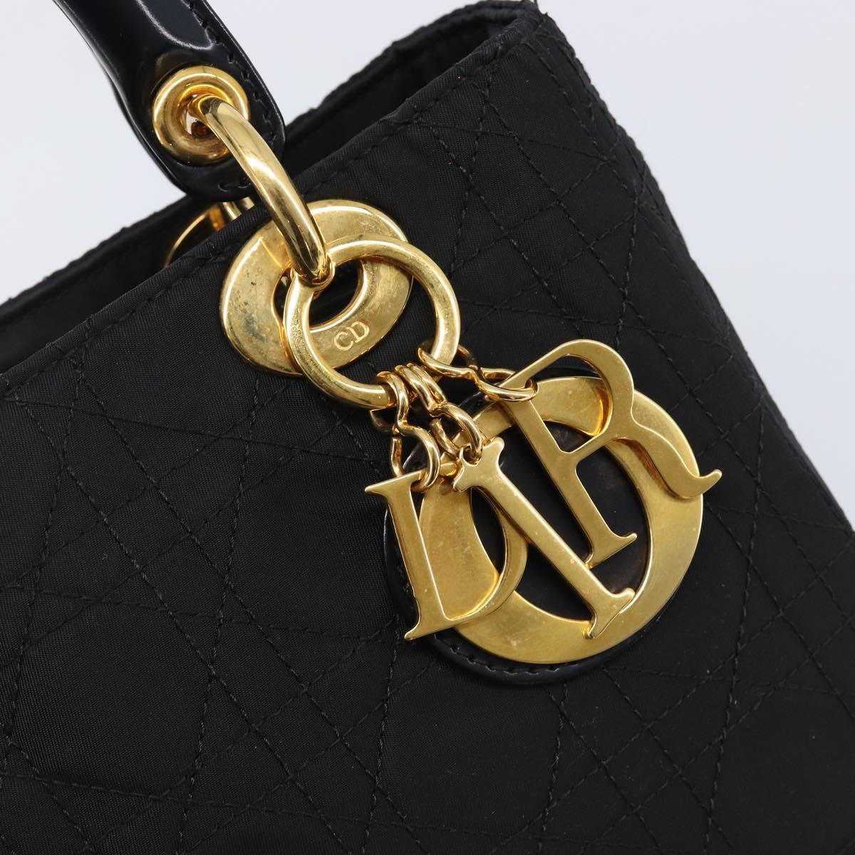 Christian Dior Lady Dior Canage Hand Bag Nylon Black Gold Tone Auth gh2376V