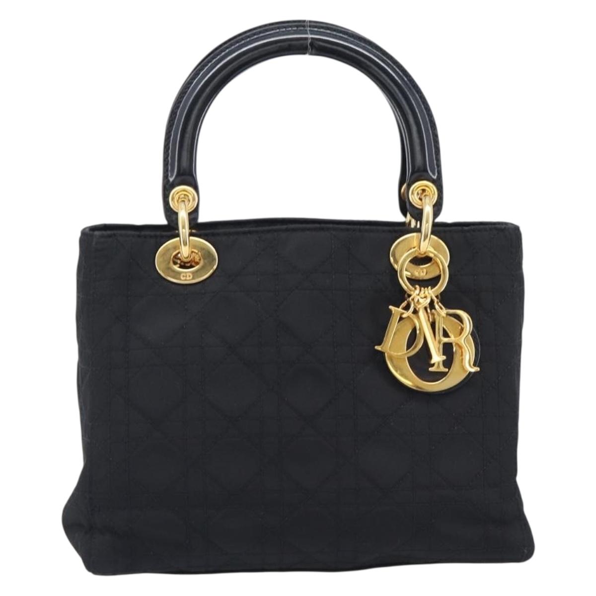 Christian Dior Lady Dior Canage Hand Bag Nylon Black Gold Tone Auth gh2376V
