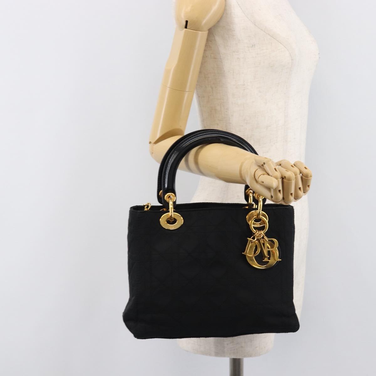 Christian Dior Lady Dior Canage Hand Bag Nylon Black Gold Tone Auth gh2376V