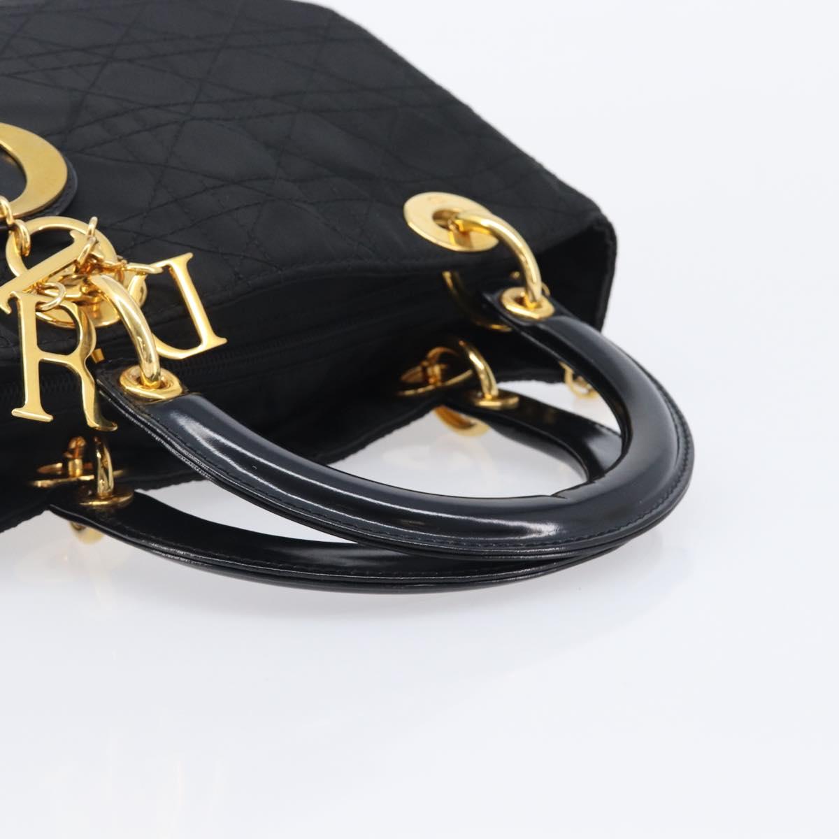 Christian Dior Lady Dior Canage Hand Bag Nylon Black Gold Tone Auth gh2376V