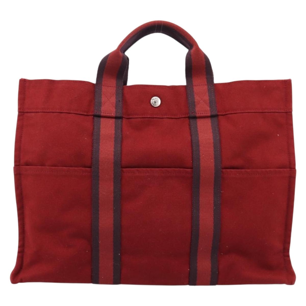 HERMES Fourre Tout MM Hand Bag Canvas Red Silver Auth gh2382