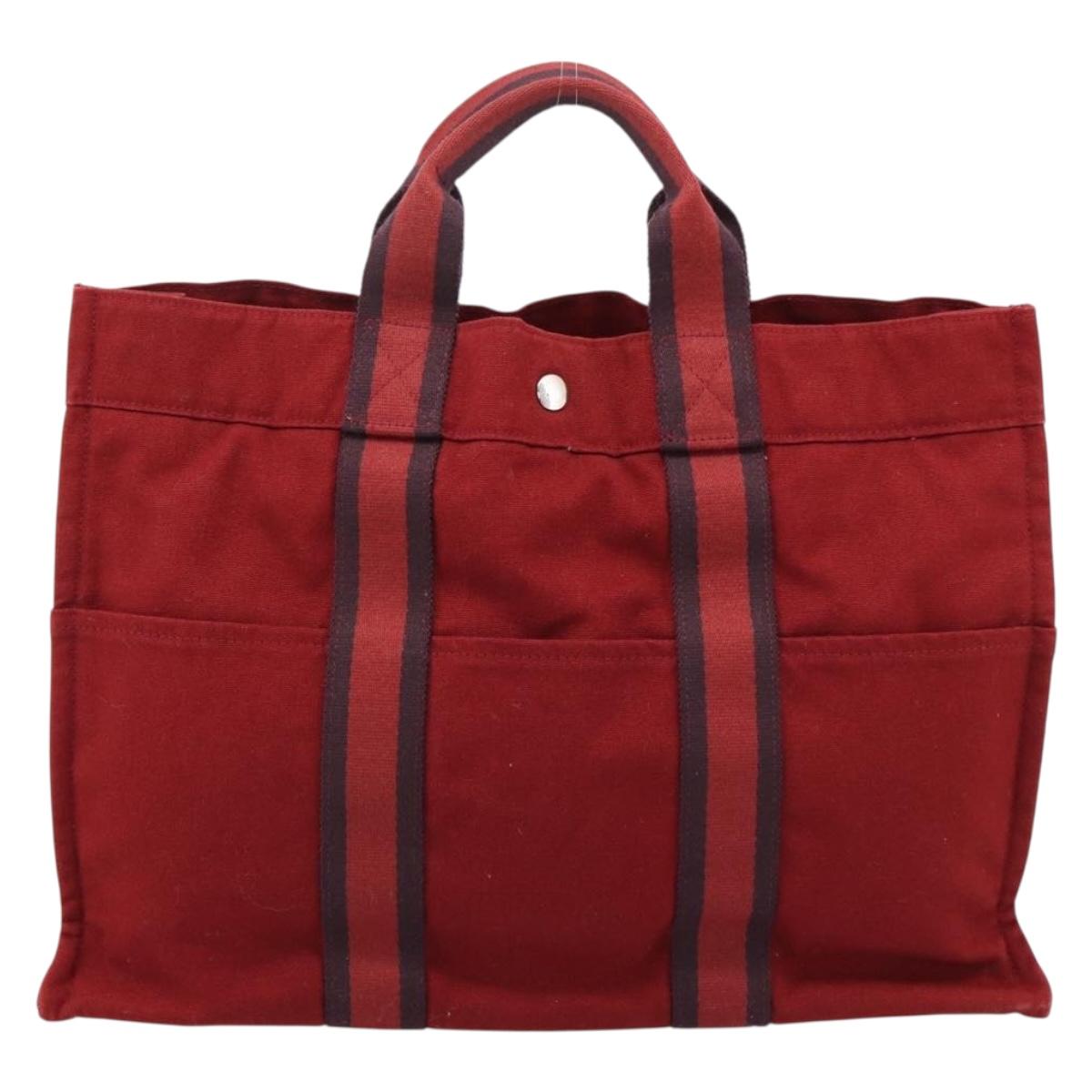 HERMES Fourre Tout MM Hand Bag Canvas Red Silver Auth gh2382