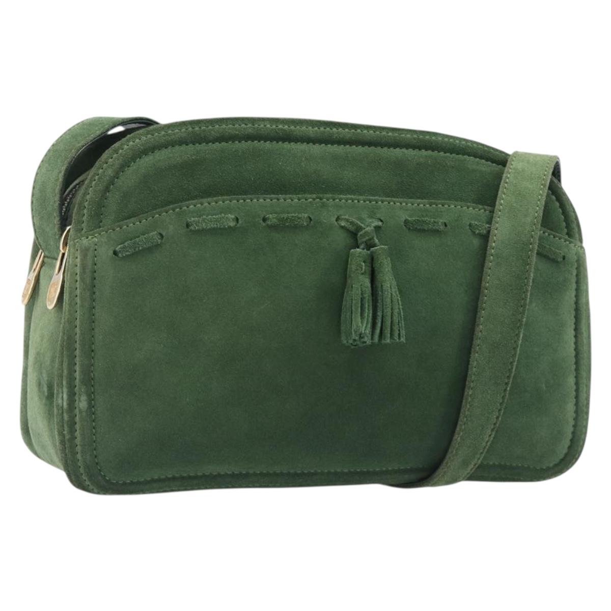 CELINE Shoulder Bag Suede Green Gold Tone Auth gh2386