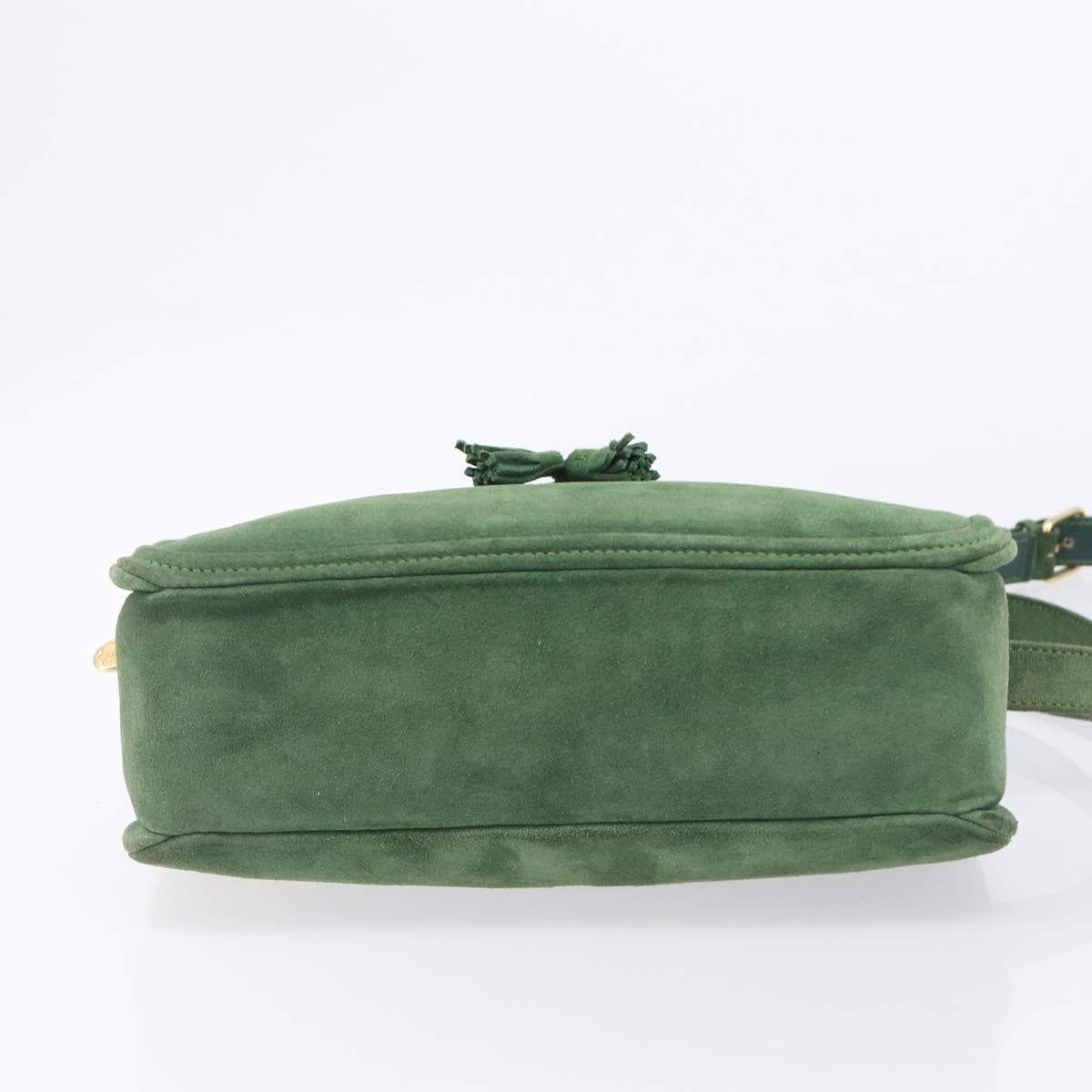 CELINE Shoulder Bag Suede Green Gold Tone Auth gh2386