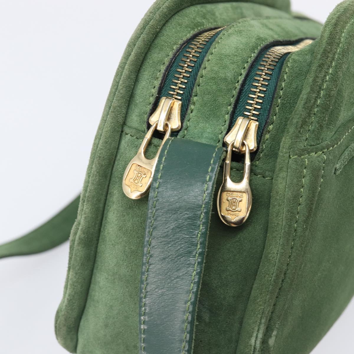 CELINE Shoulder Bag Suede Green Gold Tone Auth gh2386