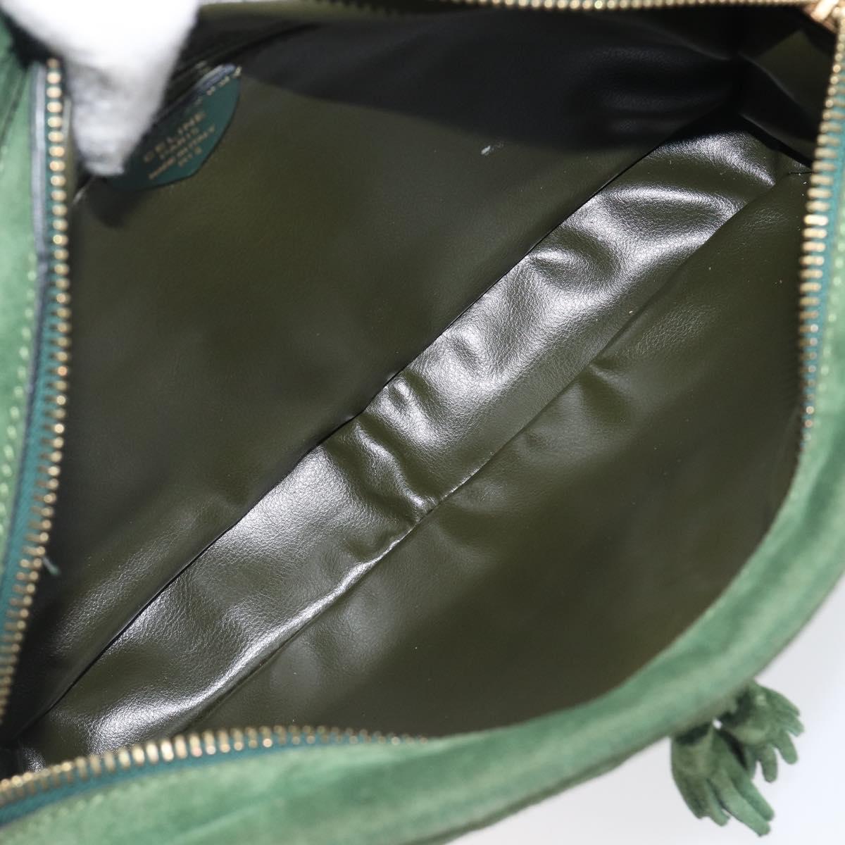 CELINE Shoulder Bag Suede Green Gold Tone Auth gh2386