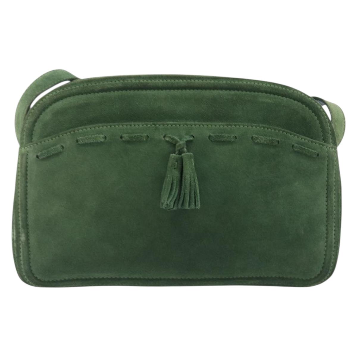 CELINE Shoulder Bag Suede Green Gold Tone Auth gh2386