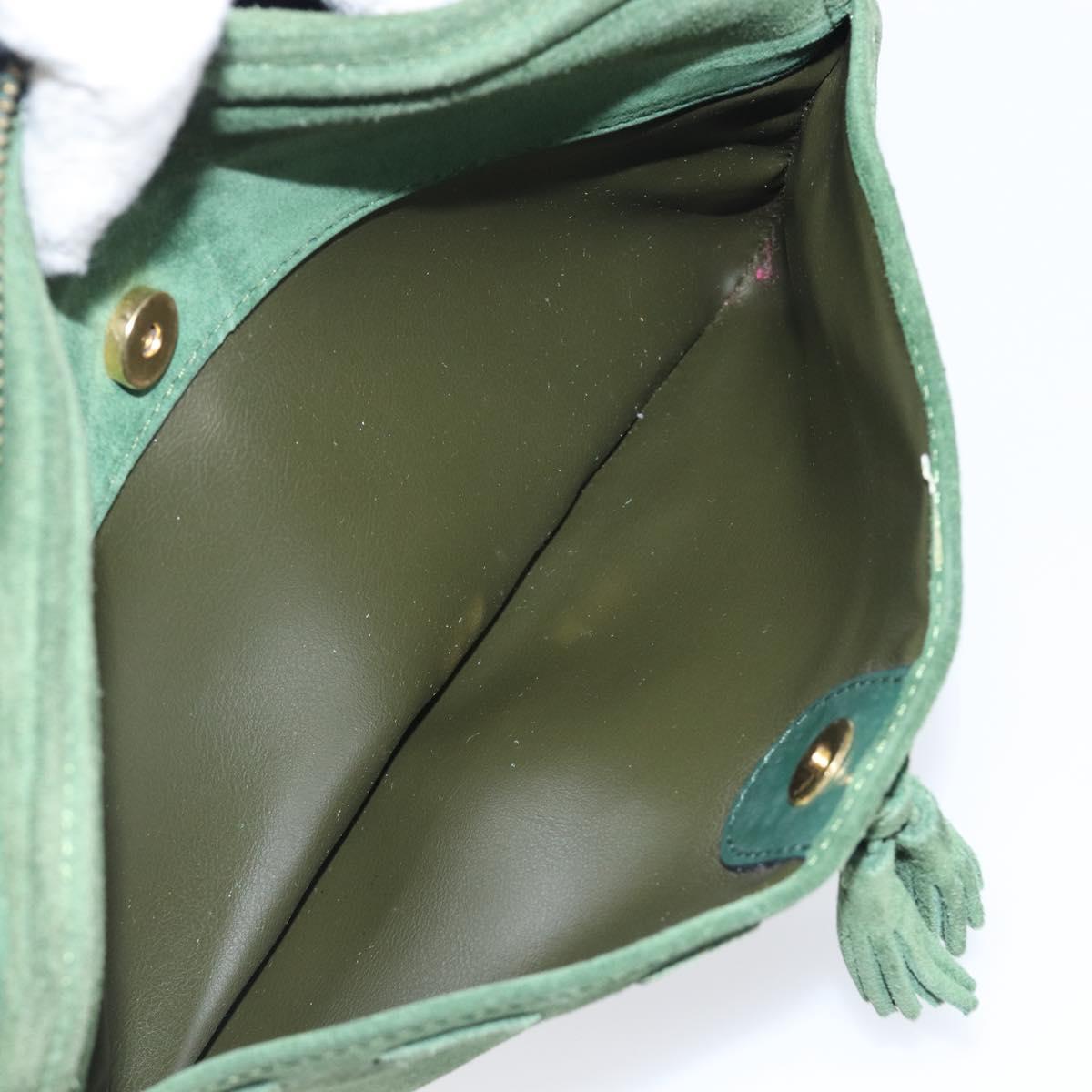 CELINE Shoulder Bag Suede Green Gold Tone Auth gh2386