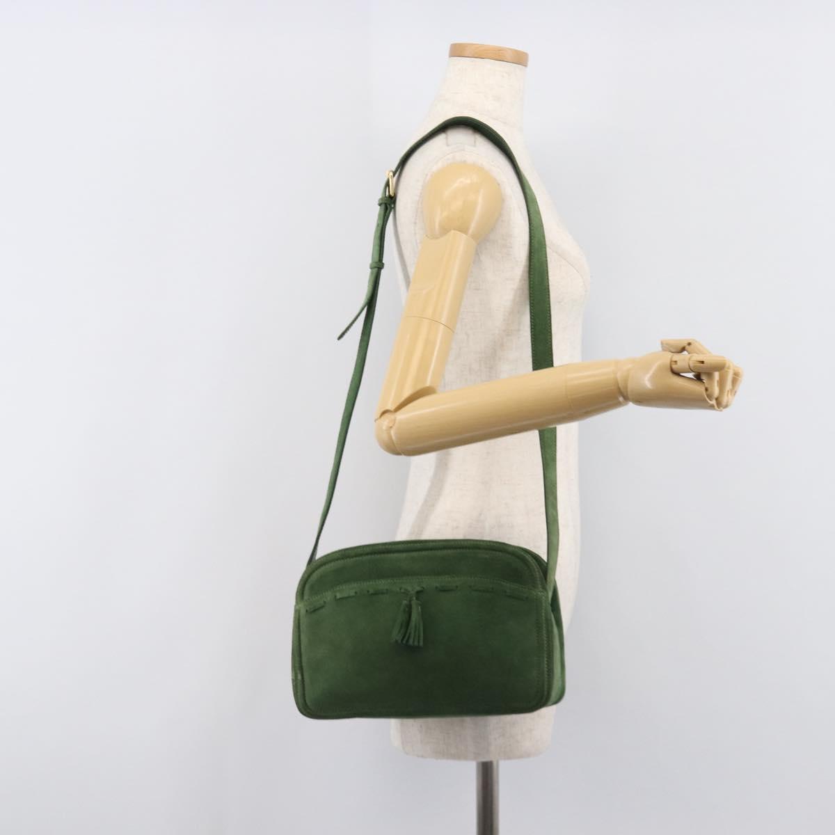 CELINE Shoulder Bag Suede Green Gold Tone Auth gh2386
