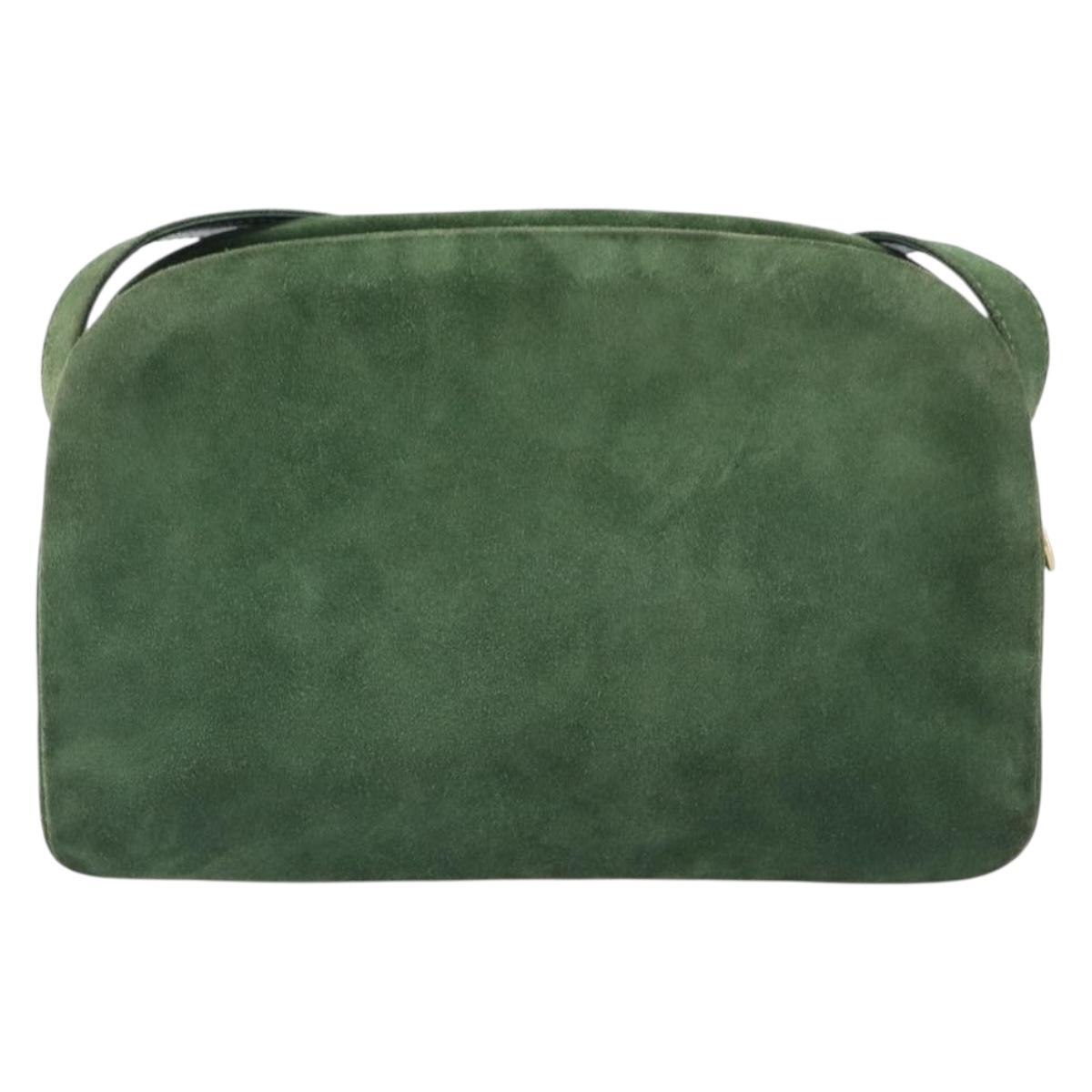 CELINE Shoulder Bag Suede Green Gold Tone Auth gh2386