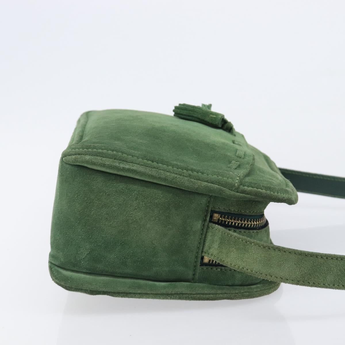 CELINE Shoulder Bag Suede Green Gold Tone Auth gh2386