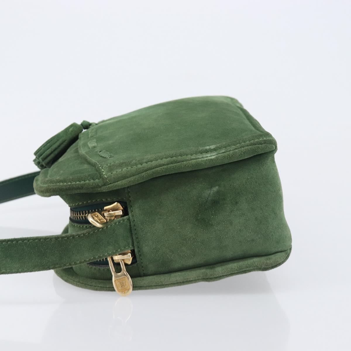 CELINE Shoulder Bag Suede Green Gold Tone Auth gh2386