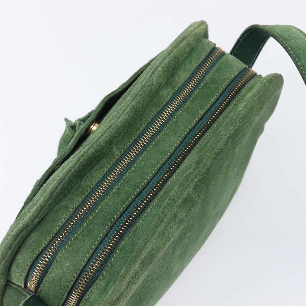 CELINE Shoulder Bag Suede Green Gold Tone Auth gh2386