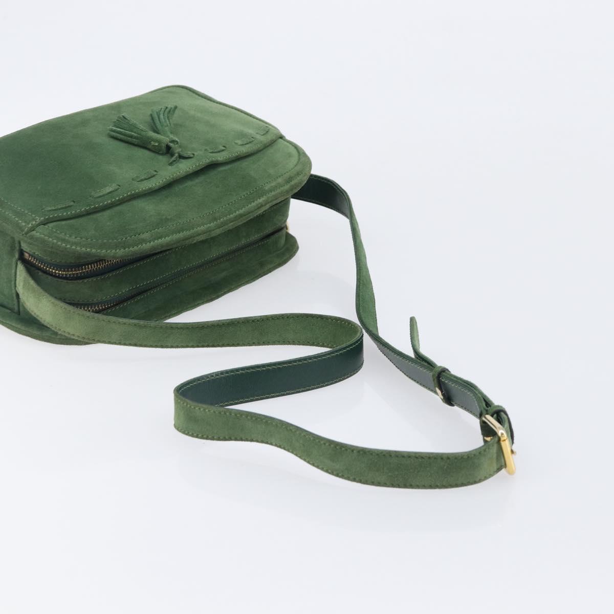 CELINE Shoulder Bag Suede Green Gold Tone Auth gh2386