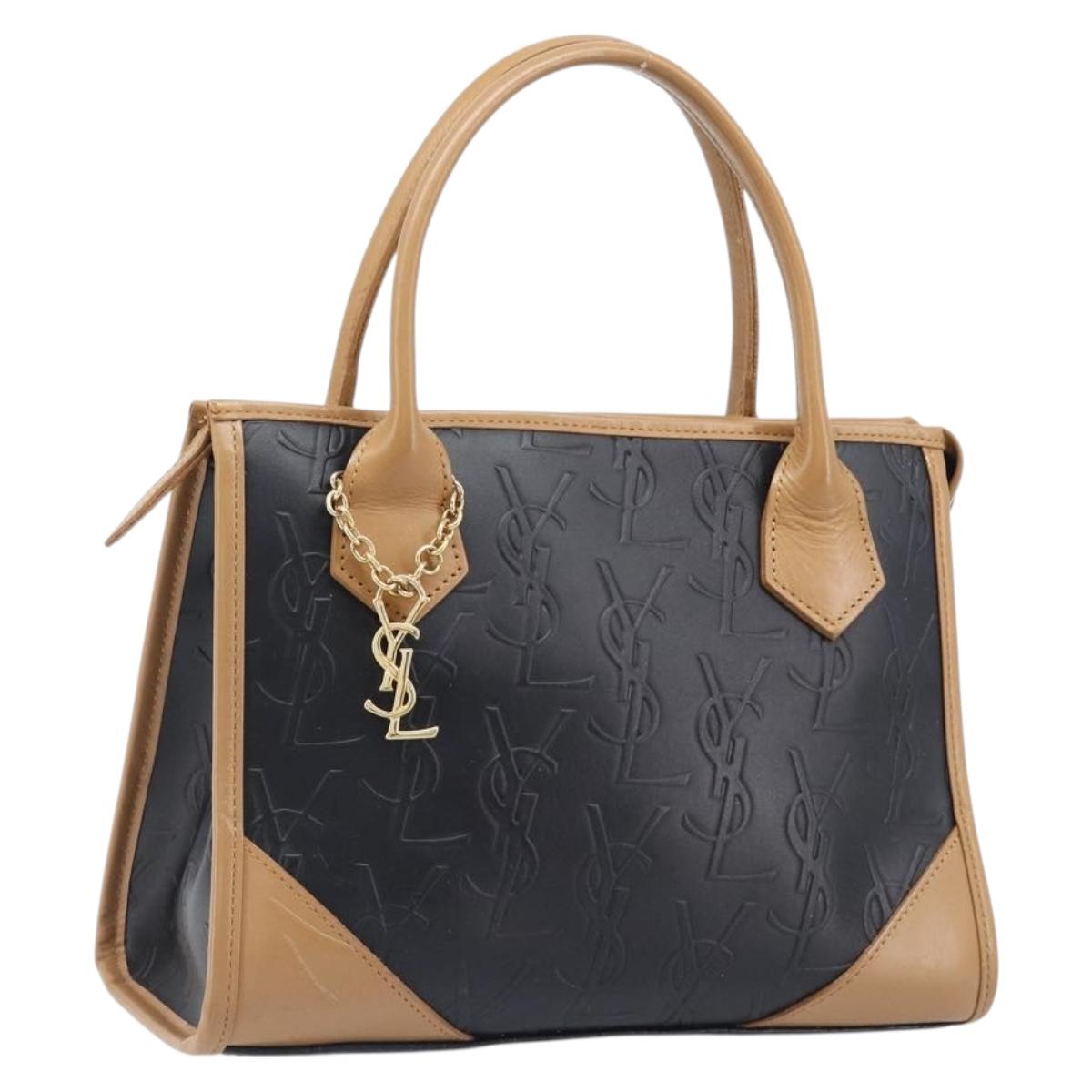 SAINT LAURENT Hand Bag Leather Black Beige Auth gh2393