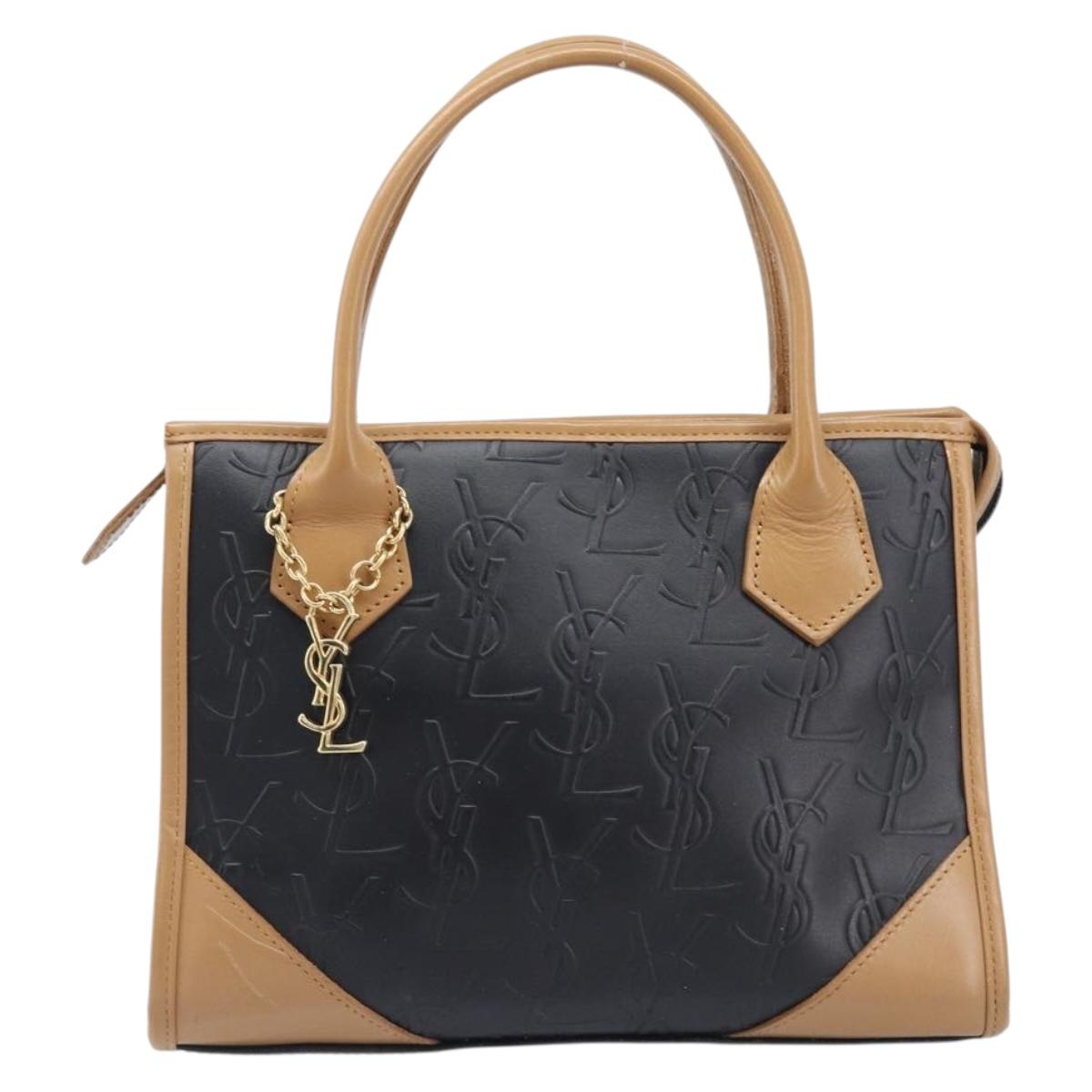 SAINT LAURENT Hand Bag Leather Black Beige Auth gh2393