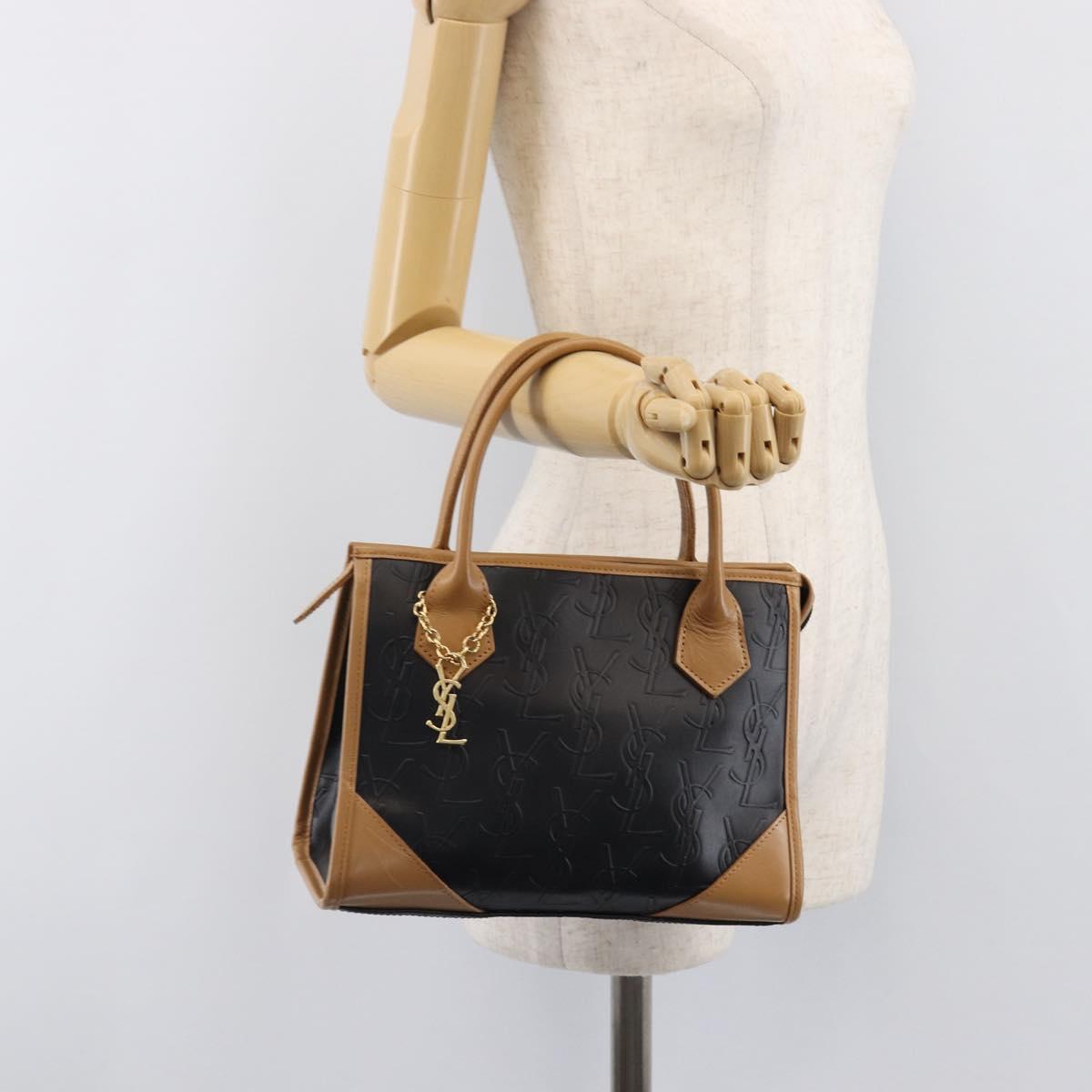 SAINT LAURENT Hand Bag Leather Black Beige Auth gh2393