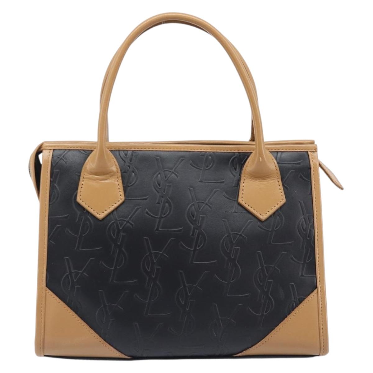 SAINT LAURENT Hand Bag Leather Black Beige Auth gh2393