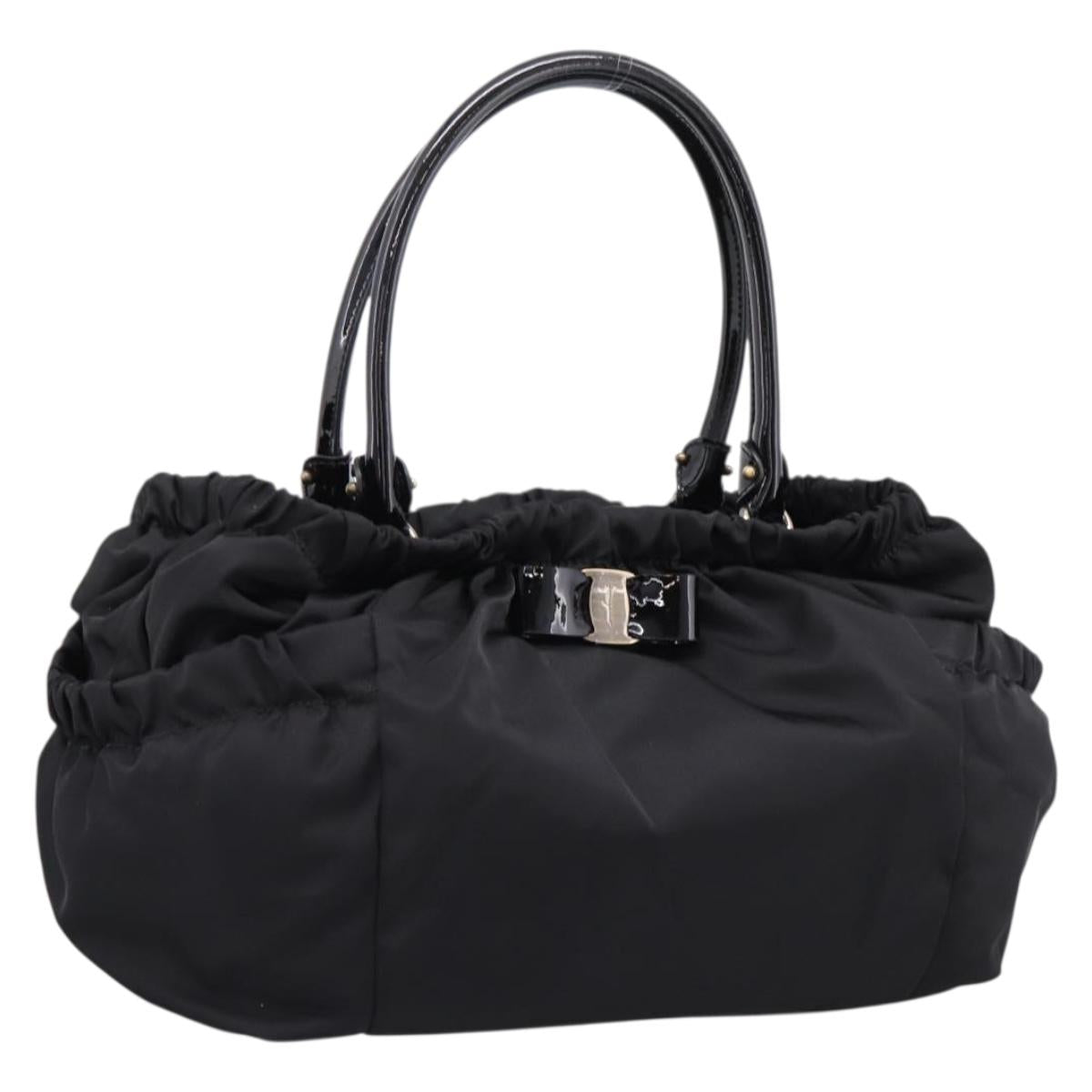 Salvatore Ferragamo Vala Tote Bag Nylon Black Gold Tone Auth gh2398A
