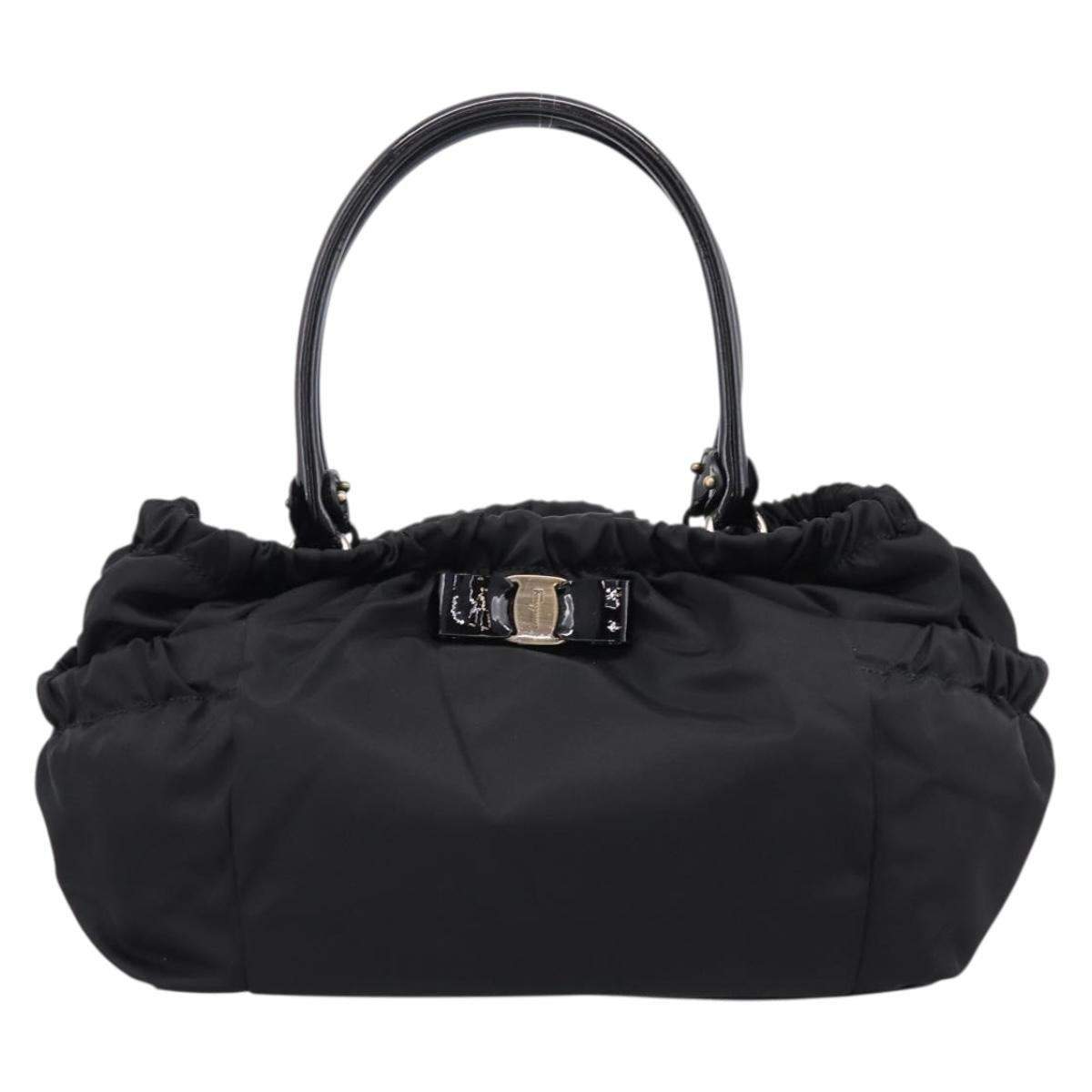 Salvatore Ferragamo Vala Tote Bag Nylon Black Gold Tone Auth gh2398A