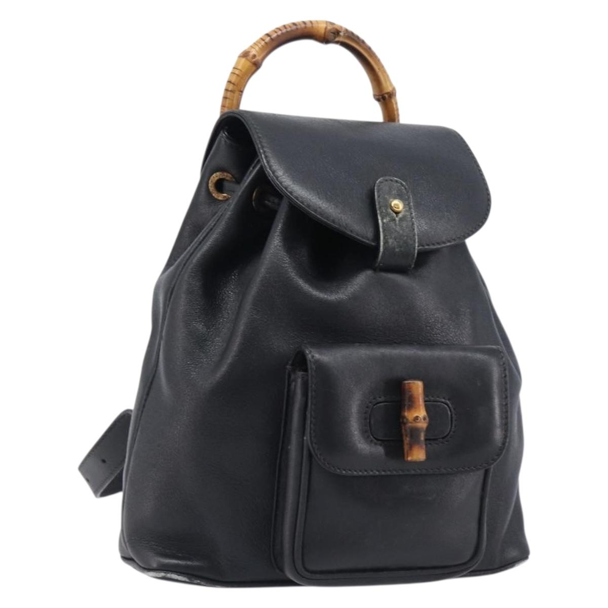 GUCCI Bamboo Backpack Leather Black Gold Tone 003 2034 0030 Auth gh2404