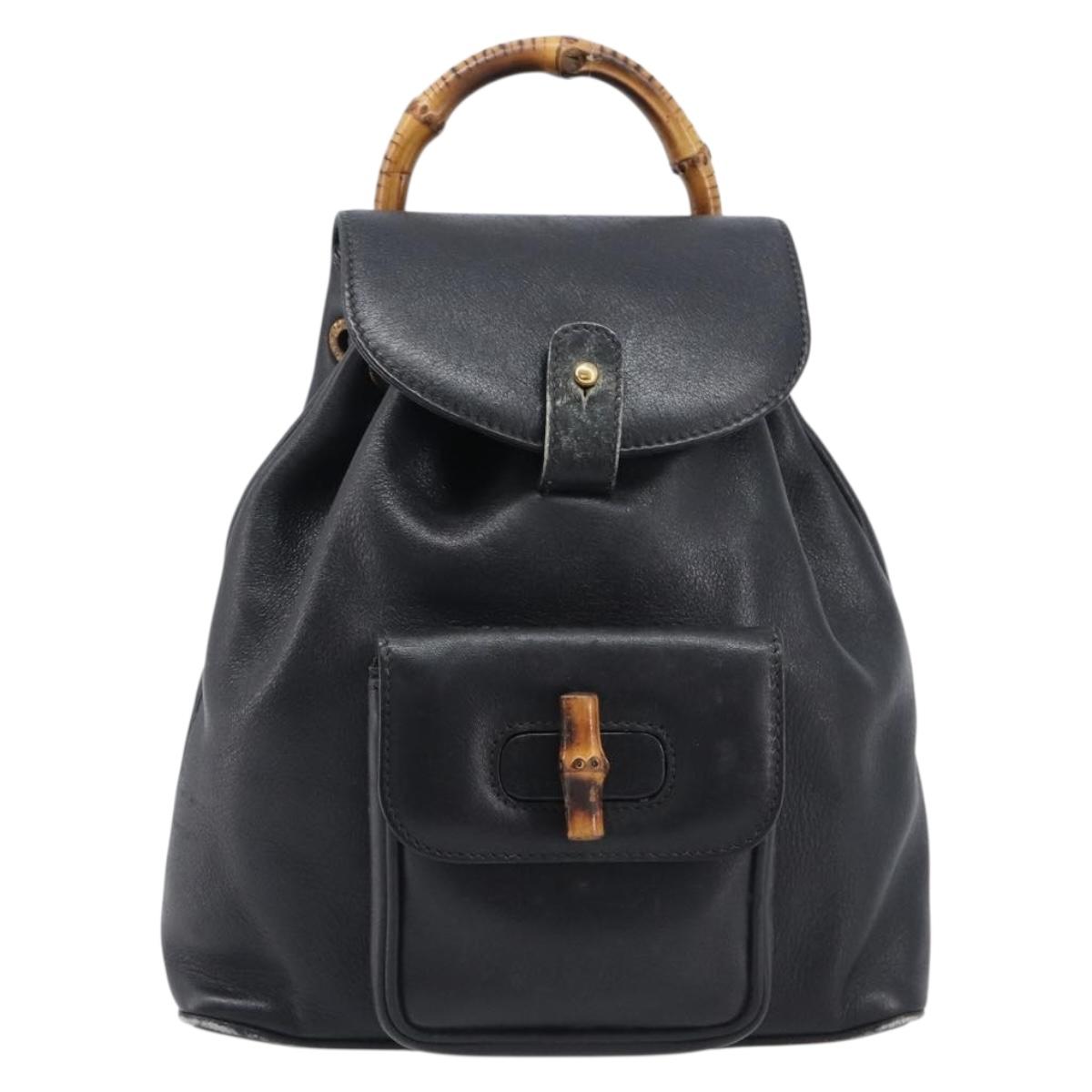 GUCCI Bamboo Backpack Leather Black Gold Tone 003 2034 0030 Auth gh2404