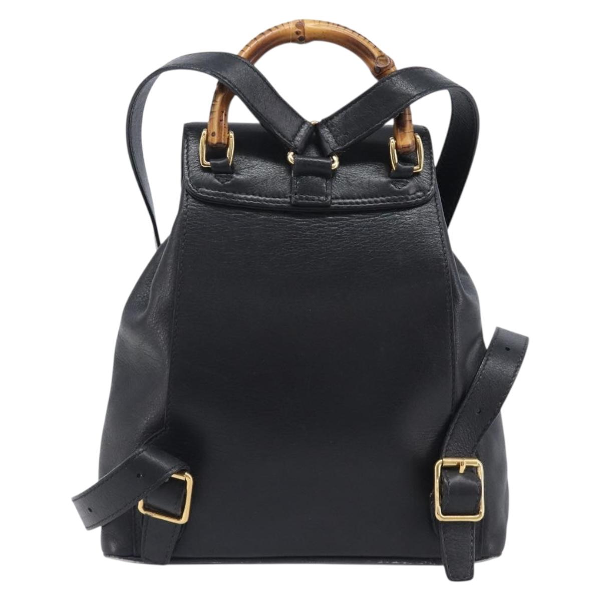 GUCCI Bamboo Backpack Leather Black Gold Tone 003 2034 0030 Auth gh2404