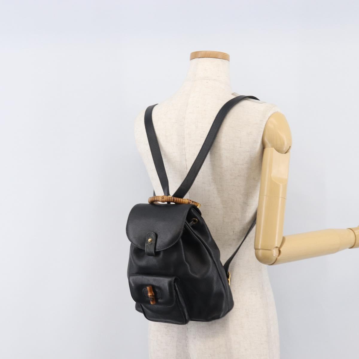 GUCCI Bamboo Backpack Leather Black Gold Tone 003 2034 0030 Auth gh2404