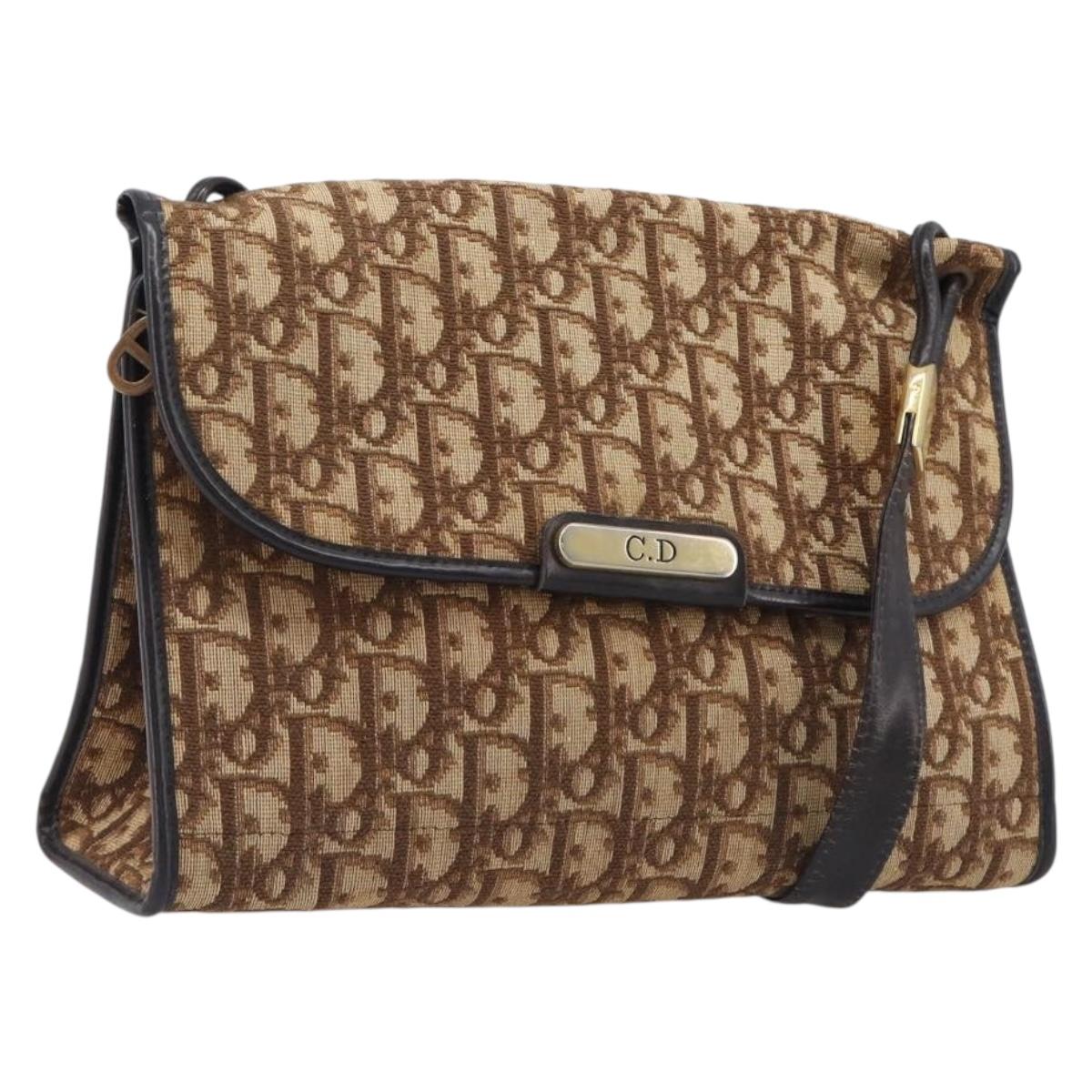 Christian Dior Trotter Canvas Shoulder Bag Brown Gold Tone Auth gh2408