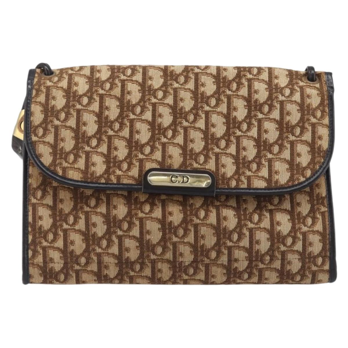 Christian Dior Trotter Canvas Shoulder Bag Brown Gold Tone Auth gh2408