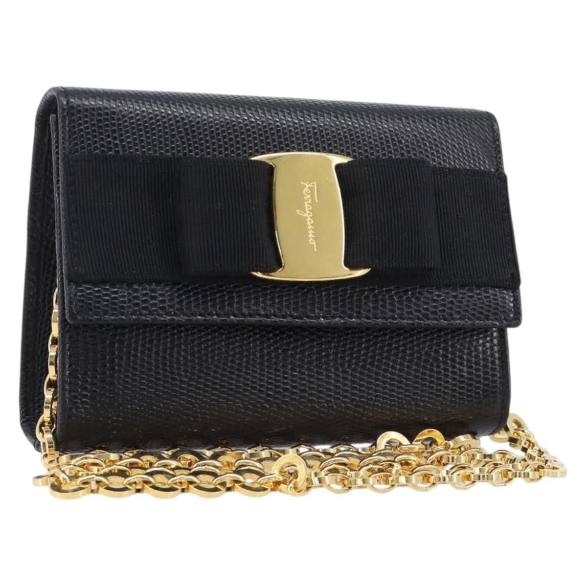 Salvatore Ferragamo Vala Chain Shoulder Bag Leather Black Gold Tone Auth gh2409