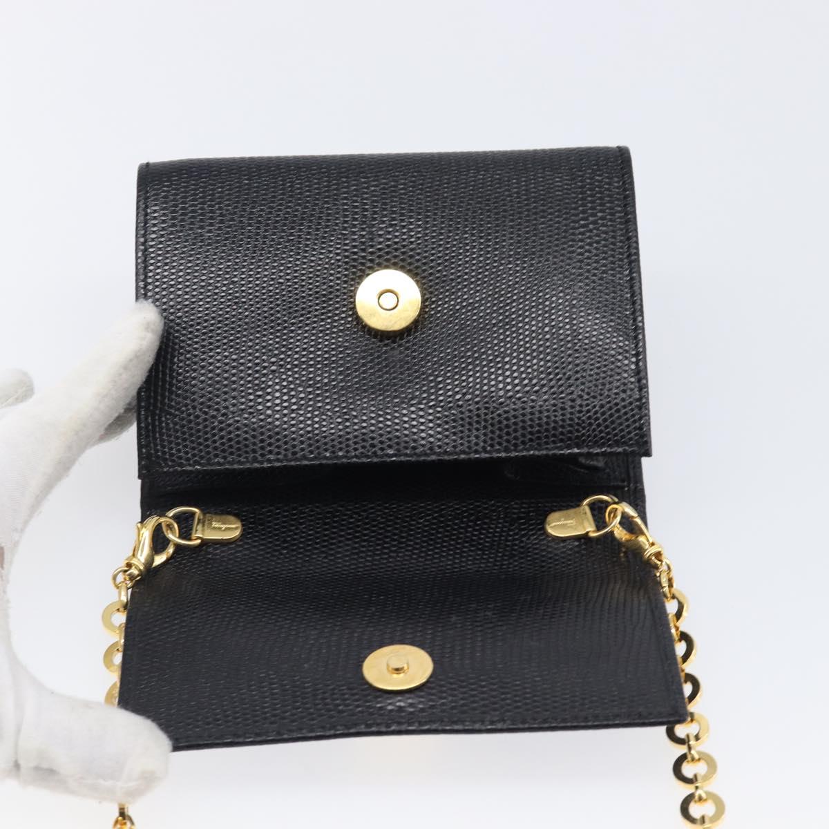 Salvatore Ferragamo Vala Chain Shoulder Bag Leather Black Gold Tone Auth gh2409