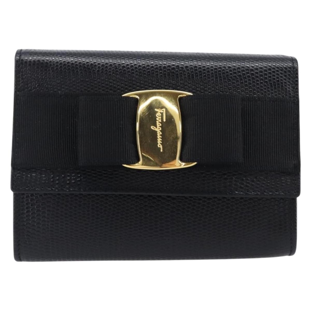 Salvatore Ferragamo Vala Chain Shoulder Bag Leather Black Gold Tone Auth gh2409