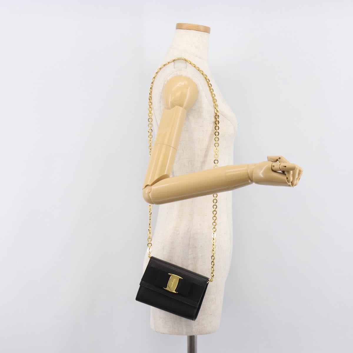 Salvatore Ferragamo Vala Chain Shoulder Bag Leather Black Gold Tone Auth gh2409