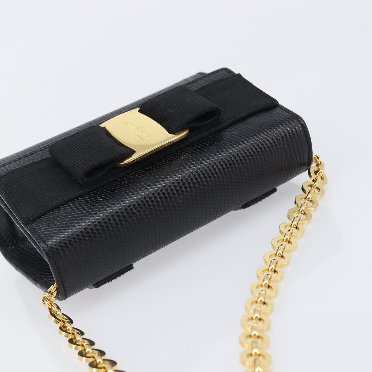 Salvatore Ferragamo Vala Chain Shoulder Bag Leather Black Gold Tone Auth gh2409