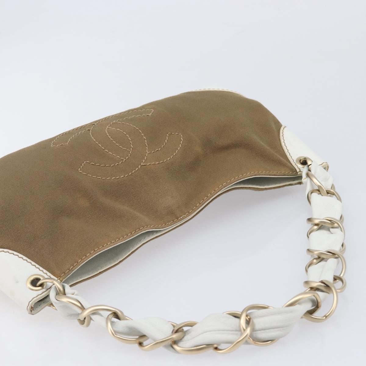 CHANEL Chain Shoulder Bag Canvas Leather Beige Gold CC Auth gh2415A
