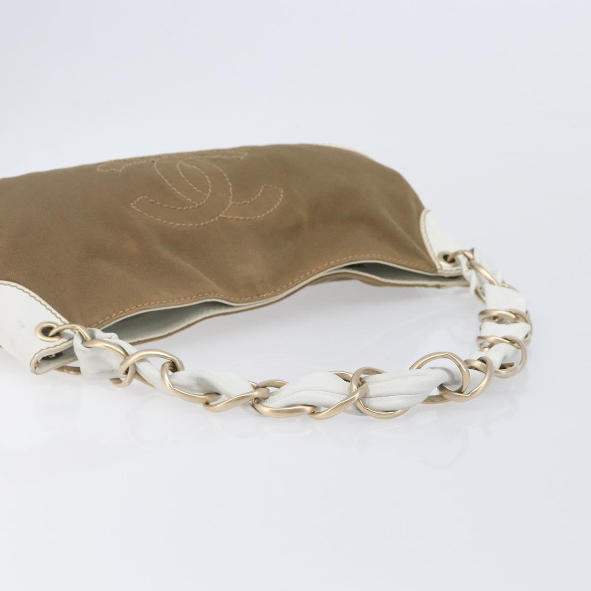 CHANEL Chain Shoulder Bag Canvas Leather Beige Gold CC Auth gh2415A