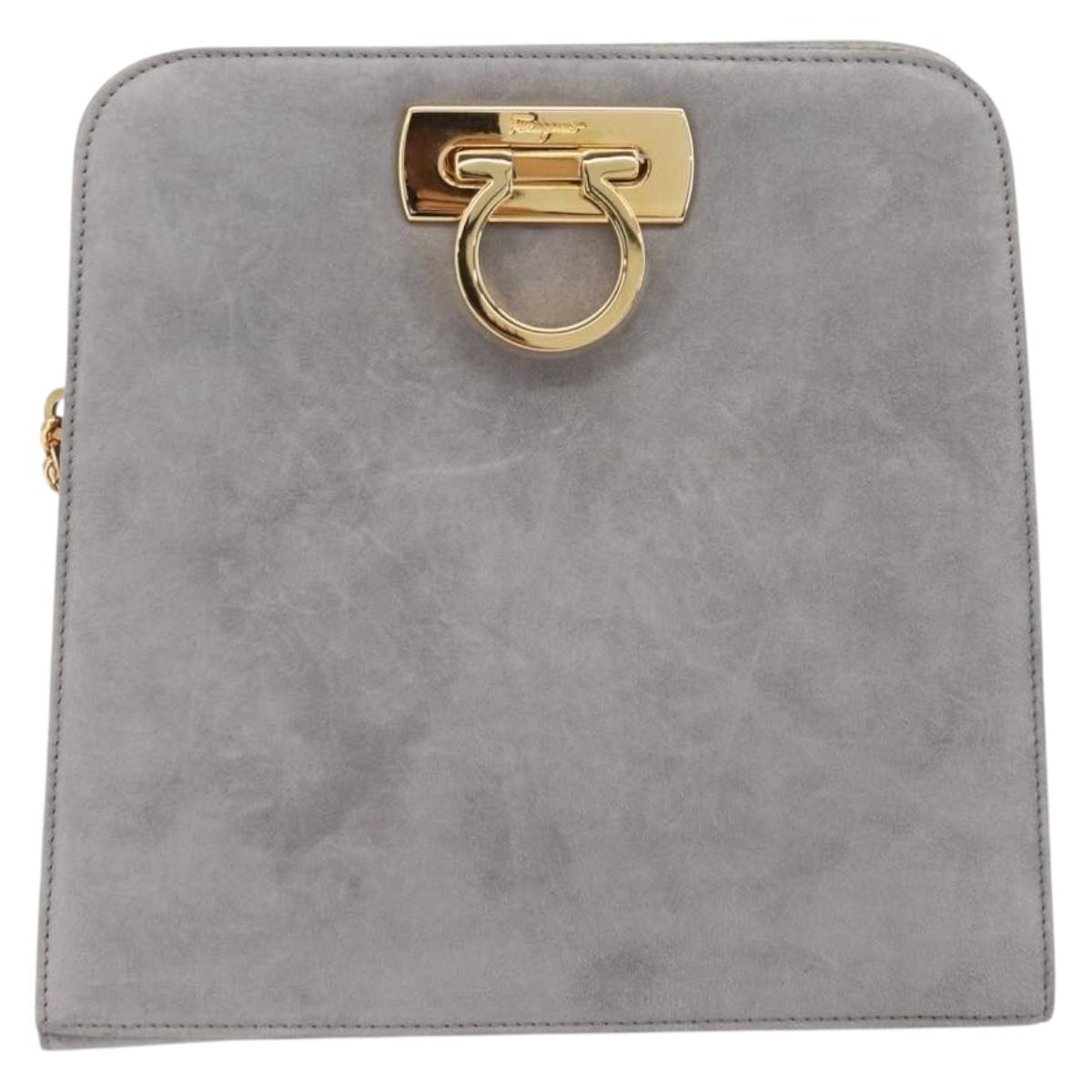 Salvatore Ferragamo Gancini Chain Shoulder Bag Suede Gray Gold Auth gh2422A