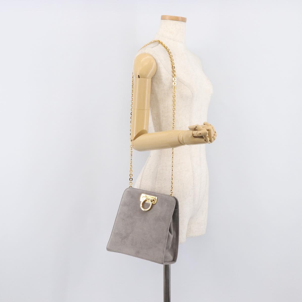 Salvatore Ferragamo Gancini Chain Shoulder Bag Suede Gray Gold Auth gh2422A