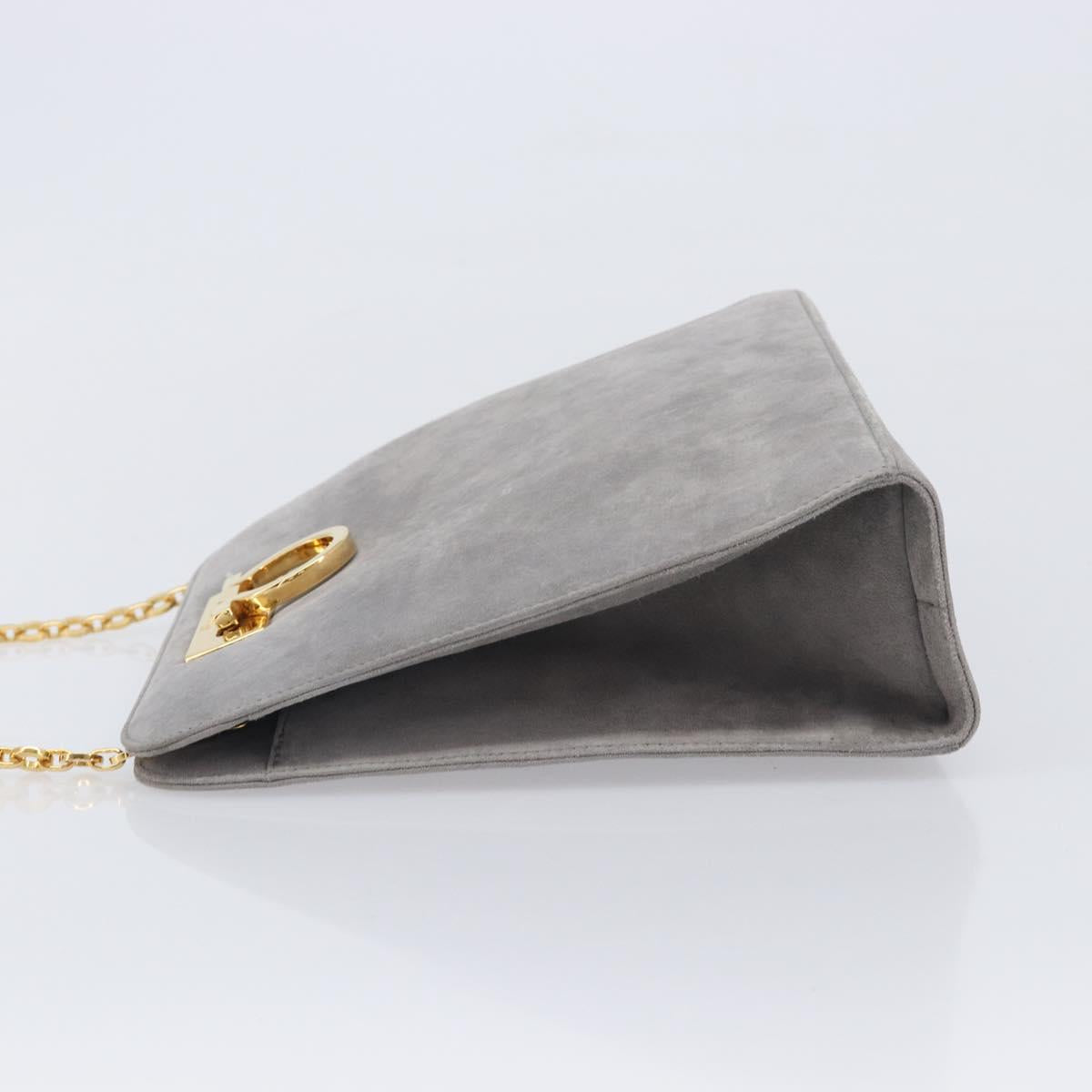 Salvatore Ferragamo Gancini Chain Shoulder Bag Suede Gray Gold Auth gh2422A