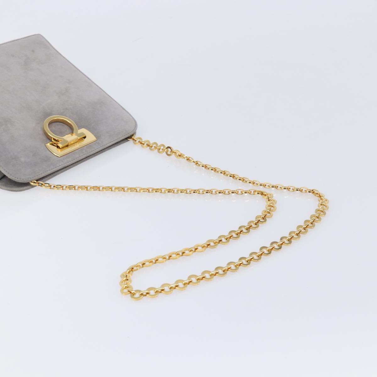 Salvatore Ferragamo Gancini Chain Shoulder Bag Suede Gray Gold Auth gh2422A