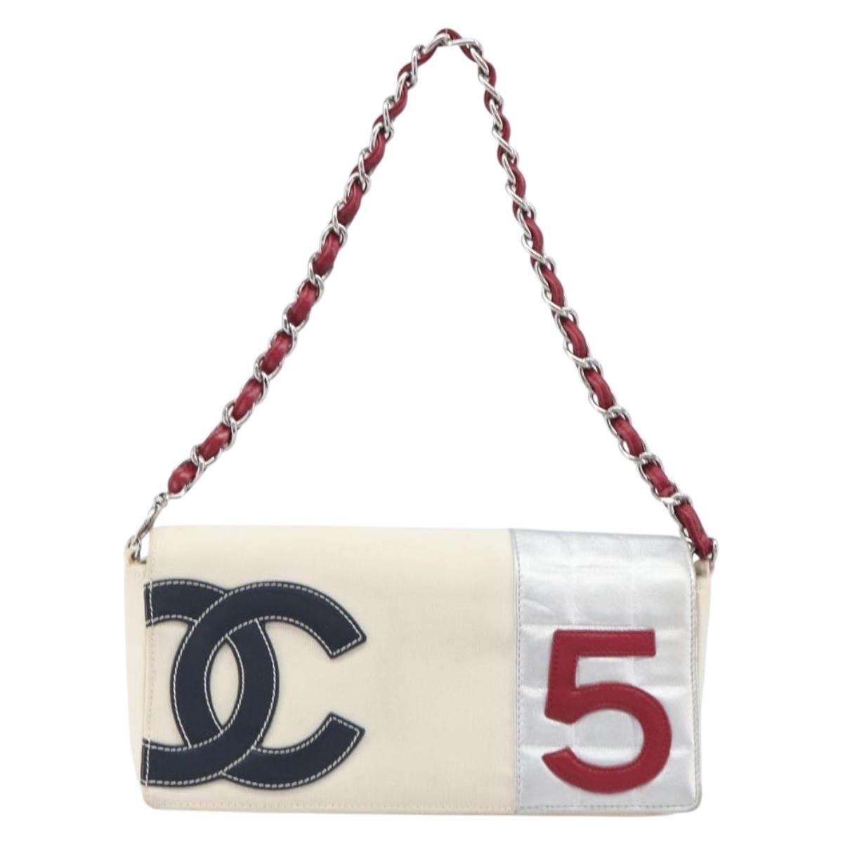 CHANEL Choco Bar Chain Shoulder Bag NO.5 Canvas Beige Silver CC Auth gh2433V