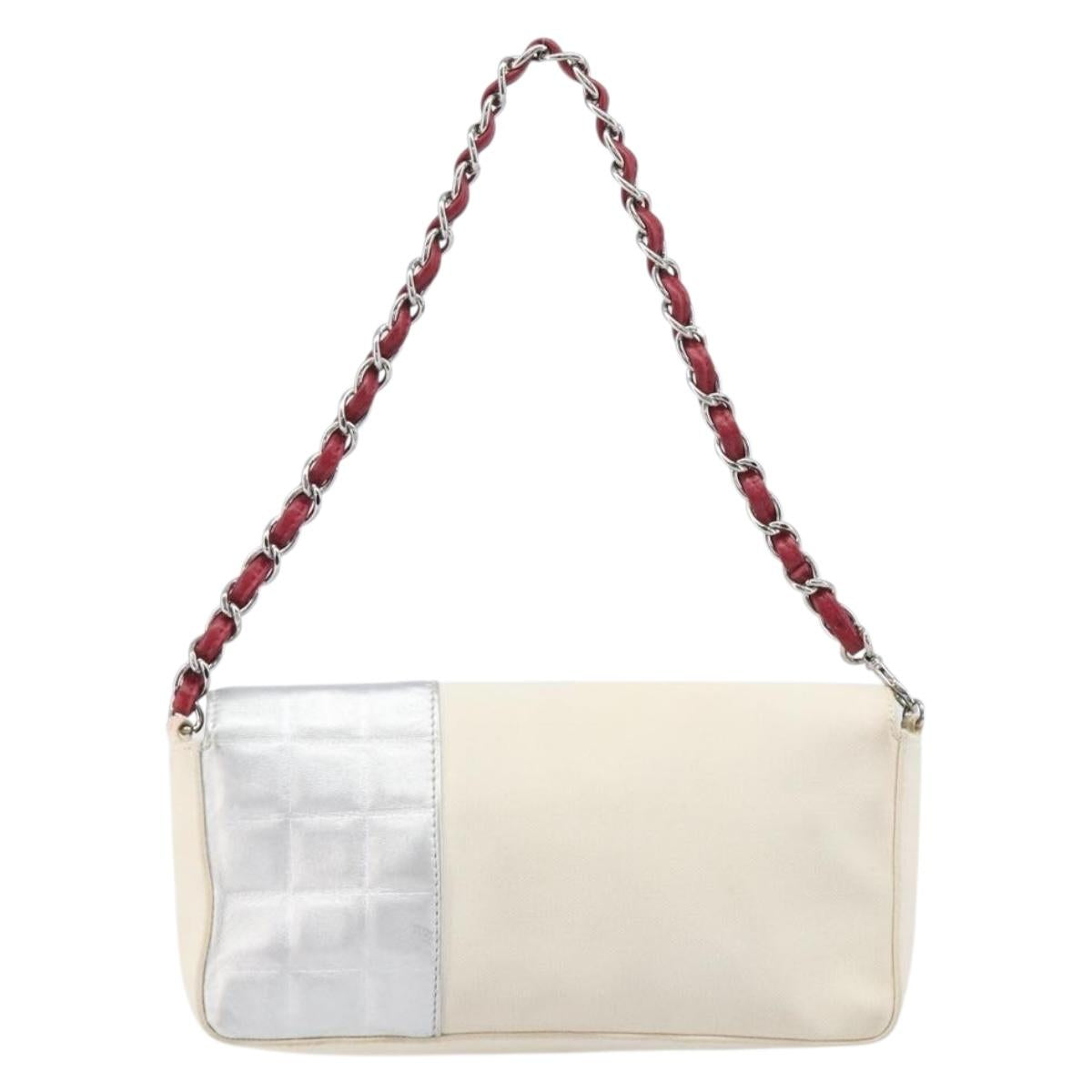 CHANEL Choco Bar Chain Shoulder Bag NO.5 Canvas Beige Silver CC Auth gh2433V