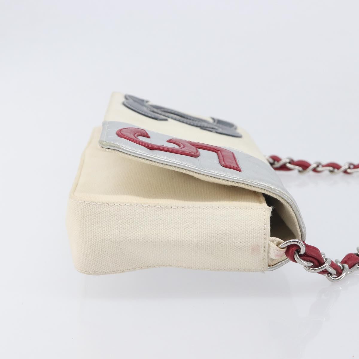 CHANEL Choco Bar Chain Shoulder Bag NO.5 Canvas Beige Silver CC Auth gh2433V