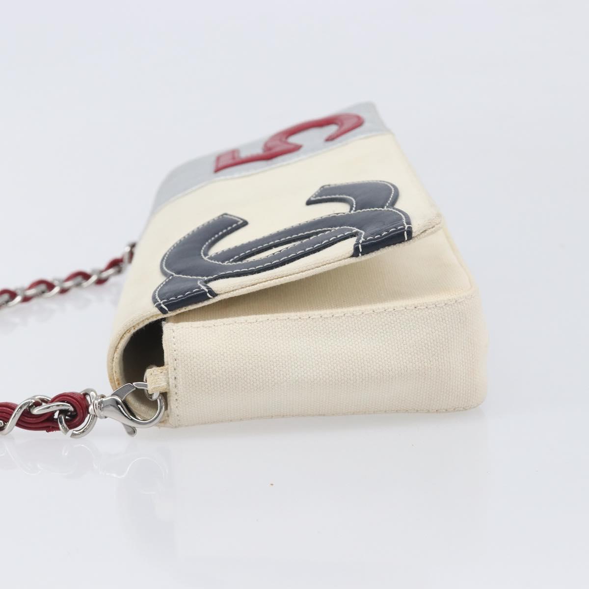 CHANEL Choco Bar Chain Shoulder Bag NO.5 Canvas Beige Silver CC Auth gh2433V